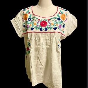 Umgee Embroidered White Peasant Blouse with Multicolor Floral Detail, Sz L, NWT